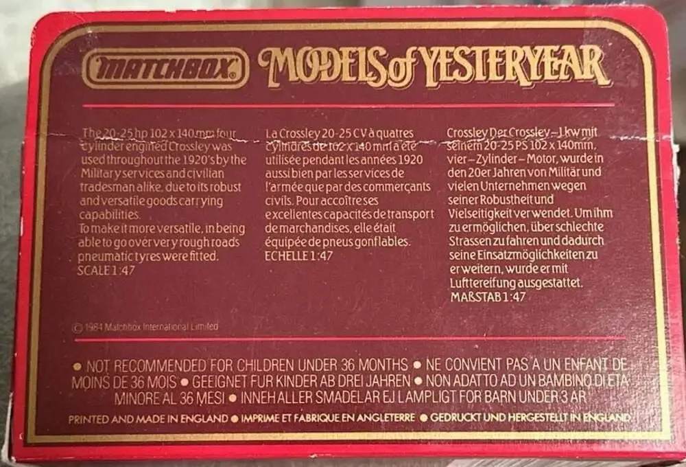 Matchbox Models of Yesteryear Y-13 1918 Crossley Waring's Delivery Lorry